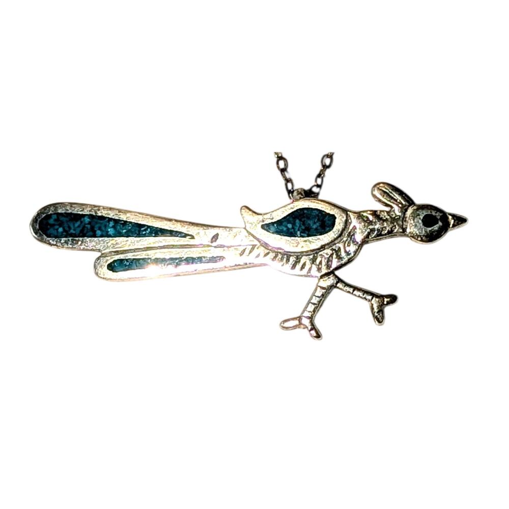 Sterling Silver Roadrunner Pendant Turquoise Inlay 16-In Chain Southwest - Picture 2 of 8